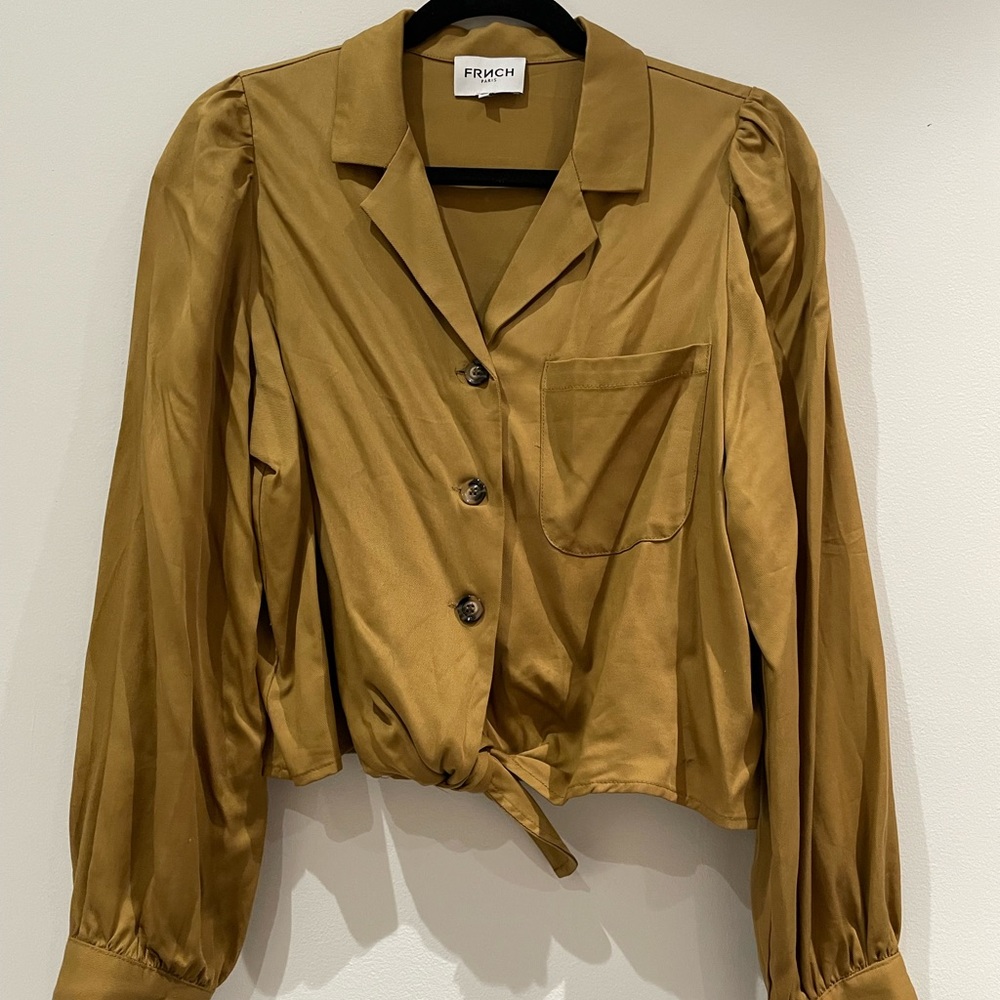 FRNCH Paris boutique shirt from France. Tan/yellow color. Super soft silk-like.